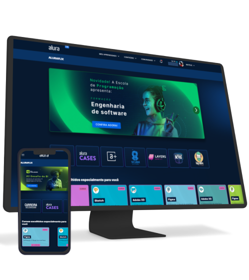 Um monitor e celular com Alura Plus aberto